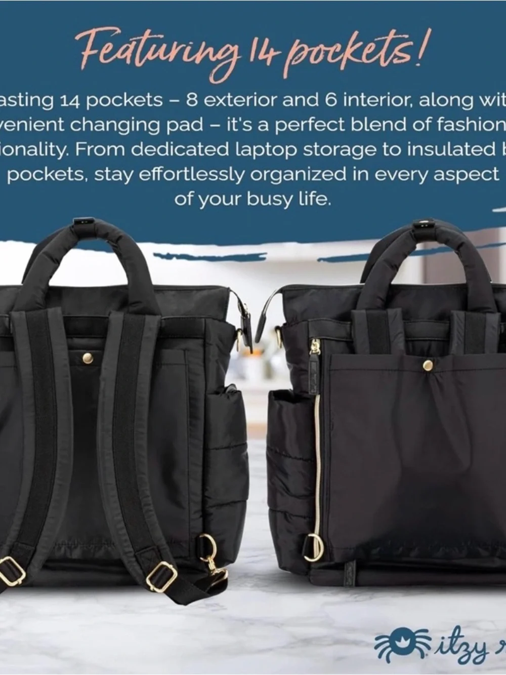 Itzy Ritzy Black Quilted Convertible Backpack Diaper Bag